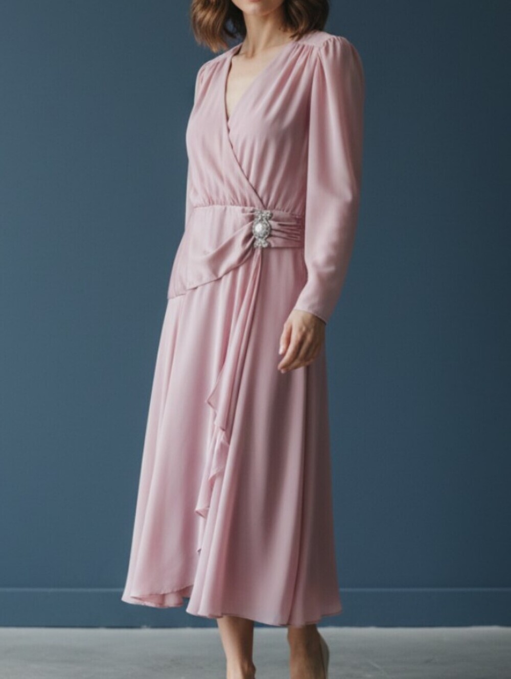 Martinique Fashions Union Made Pink Long Sleeve Wrap Dress with Embellish Waist